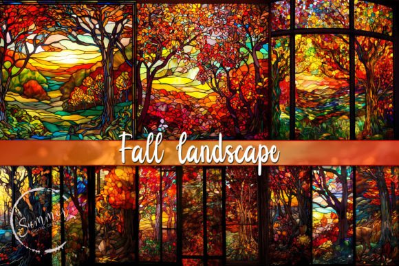 Enchanting Stained Glass Fall Landscape Backgrounds