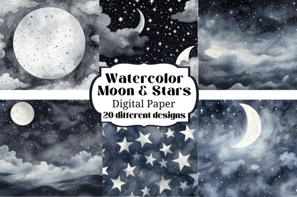 Watercolor Grey Stars Moons Backgrounds for Creative Projects